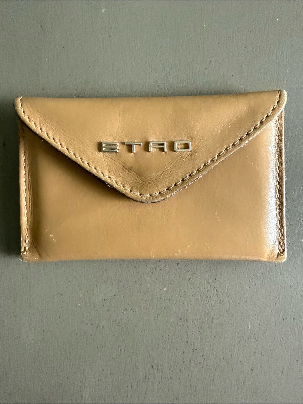 Etro Camel Leather Envelope Card Case with Silver Logo